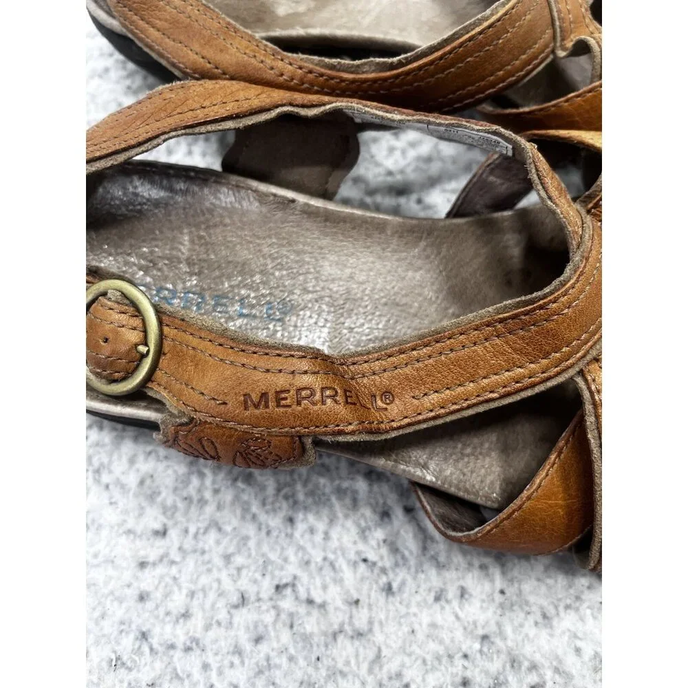 Women's Merrell Bassoon Tan Leather Strappy Open Toe Buckle Sandals Size 8 - Picture 6 of 10